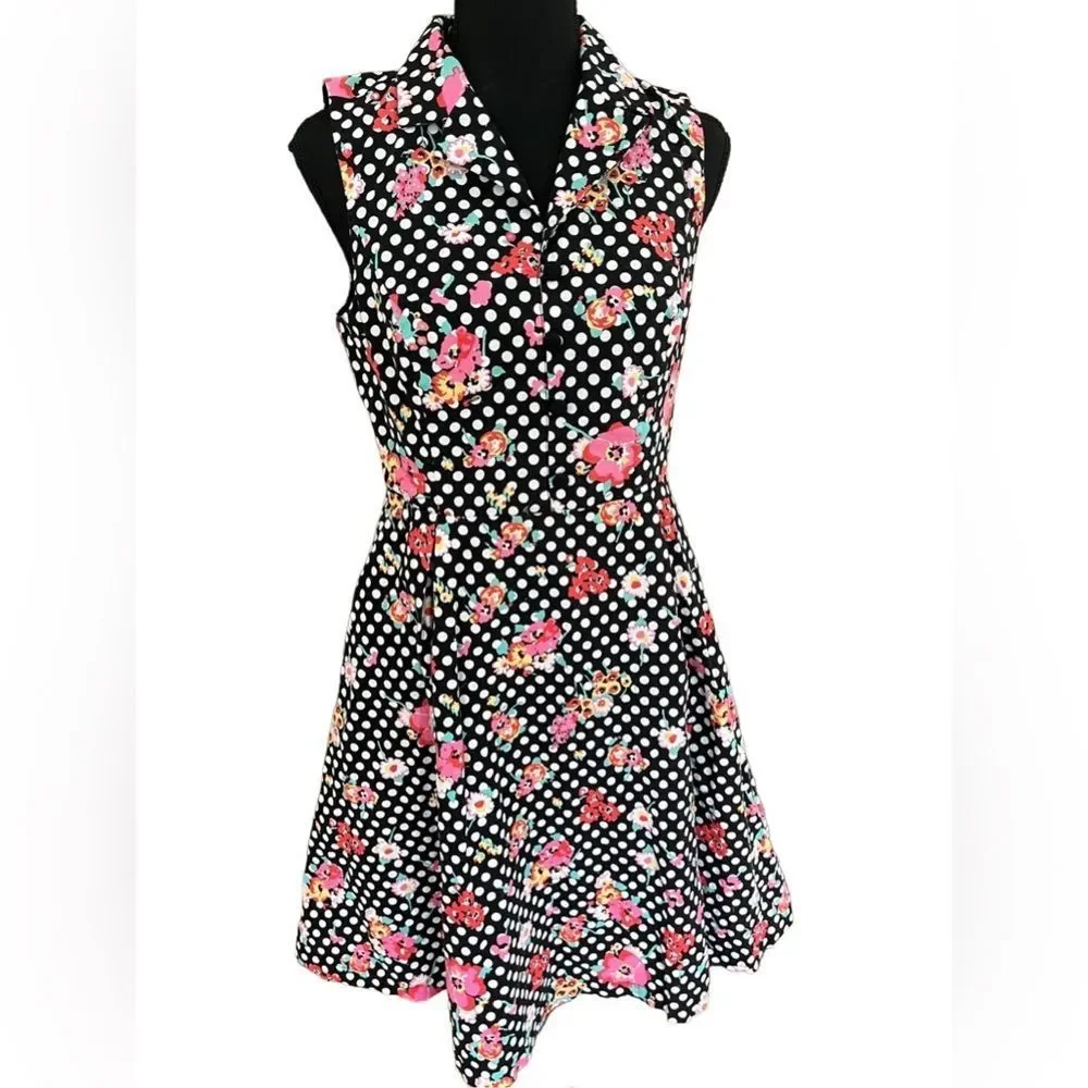 MODCLOTH Black Pink Wearing is Caring Floral Polka Dot Sleeveless Dress sz M